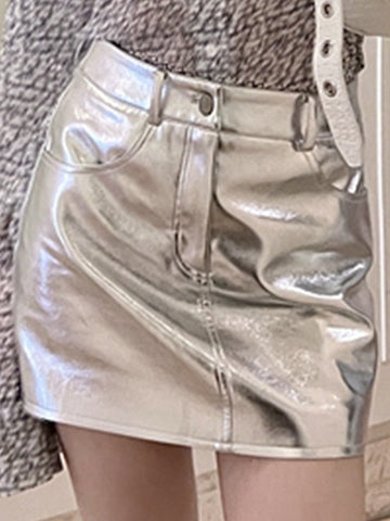 Pink Silver Reflective Shiny Patent Leather Mini Skirts for High Waist A Line Short Y2K Clothes