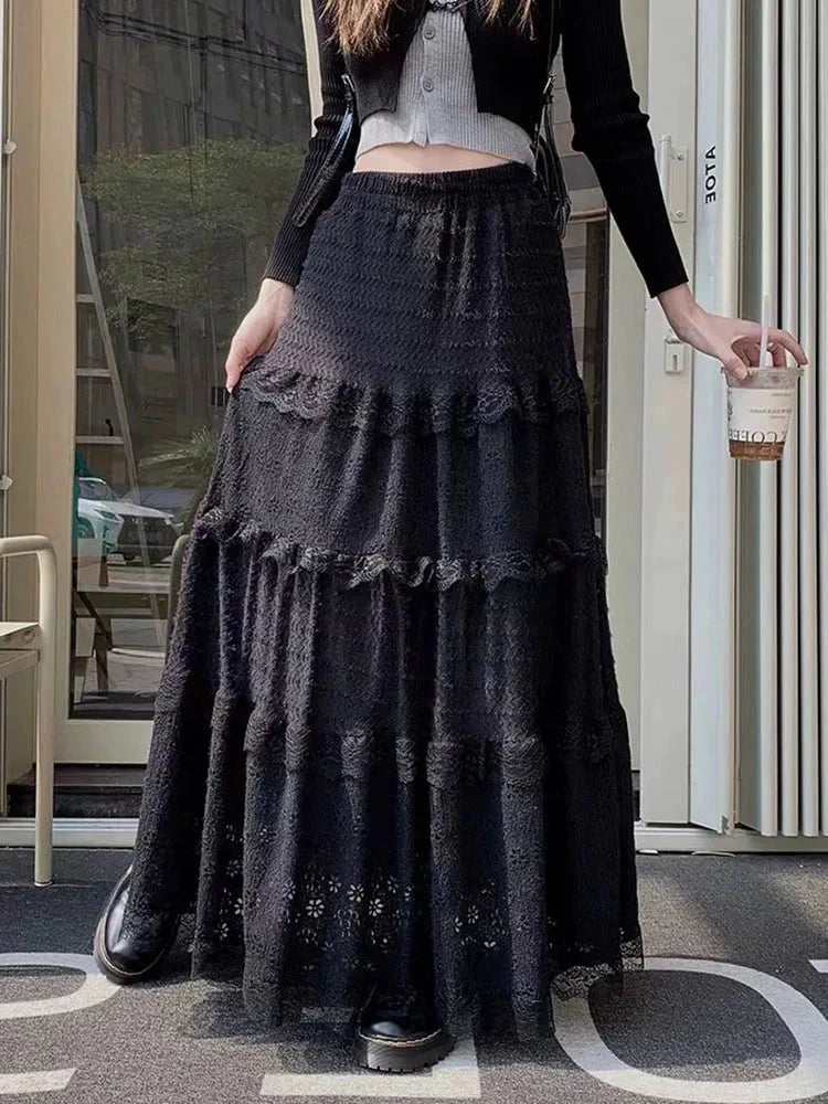 Elegant Lace Splicing Midi Skirt for Y2K High Waist Chic Hollow Out A Line Skirts Korean Solid All-Match Long Skirt