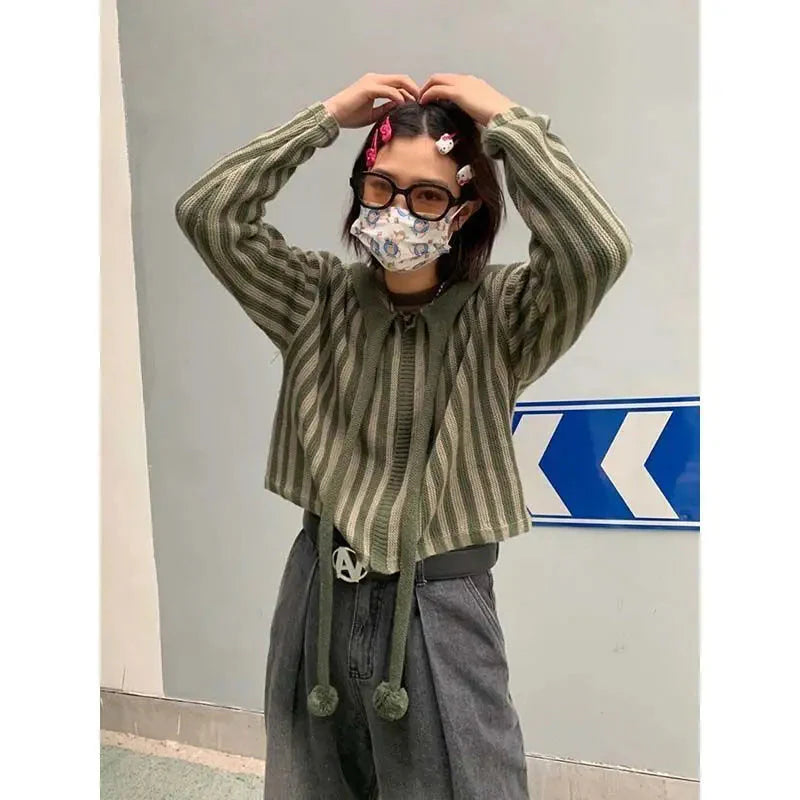 Korean Hooded Loose Harajuku Sweaters Striped Zipper Cardigan Knitted Gothic Y2k Tops Jumper