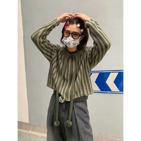 Korean Hooded Loose Harajuku Sweaters Striped Zipper Cardigan Knitted Gothic Y2k Tops Jumper