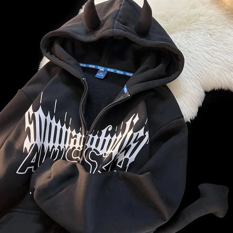 Voguable Dark Designer Devil Horn Tail Zip Up Hoodies Jackets Teenage Y2K Top Goth Print Oversized Sweatshirt Loose Casual Winter Clothes