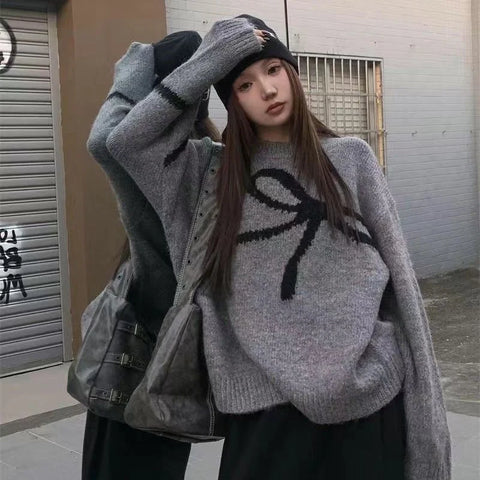 Elegant Bow Sweaters Vintage Y2k Knitted Pullovers Winter Loose Long Sleeve Aesthetics Streetwear Jumpers
