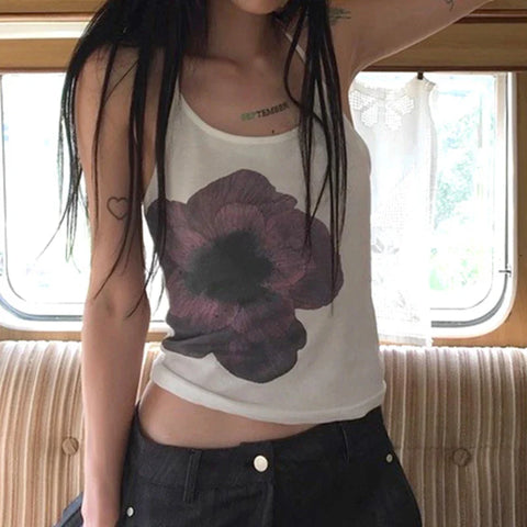 Voguable  Vintage Flower Print Halter Top Y2K Aesthetic Sleeveless Tops Holiday Party Korean Style Coquette Camisole