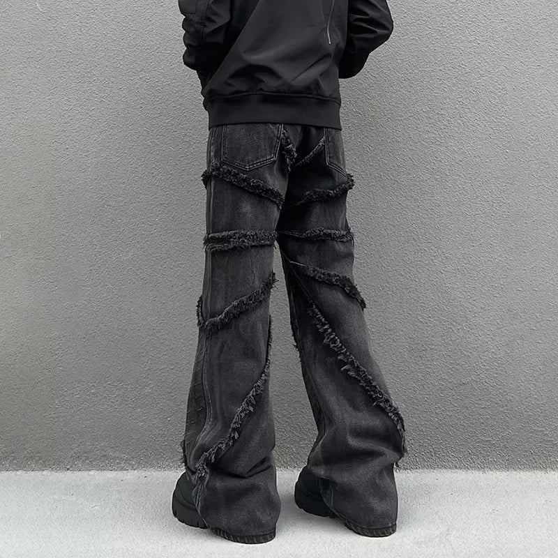 Voguable Y2K Punk Black American Street Rock Retro High Waist Oversized Jeans Raw Edge Washed Darkwear Wide Leg Trousers Men