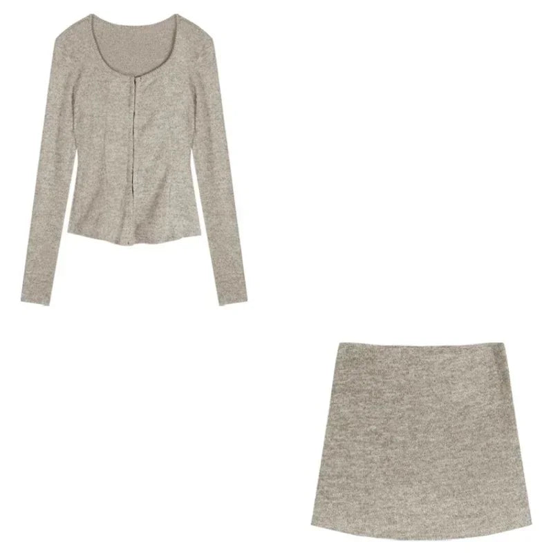 Voguable  2 Piece Dress Set Elegan Casual Long Sleeve Knitted Suits Y2k Crop Tops + Bodycon High Waist Mini Skirt Korean