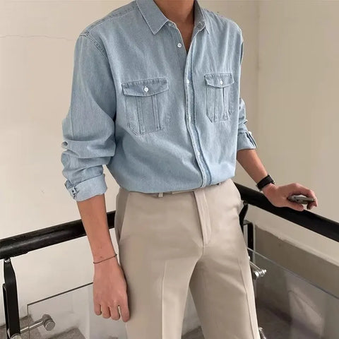 Harajuku Casual Wash To Do Old Denim Shirt Y2k Korean Version Loose High-Grade Long-Sleeved Cargo Shirt Trend