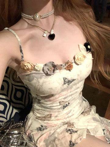 Voguable Sweet Floral Party Mini Dress Korean Printing Floral Y2k Dress FeSlim Chic Strap Beach Designer Dress