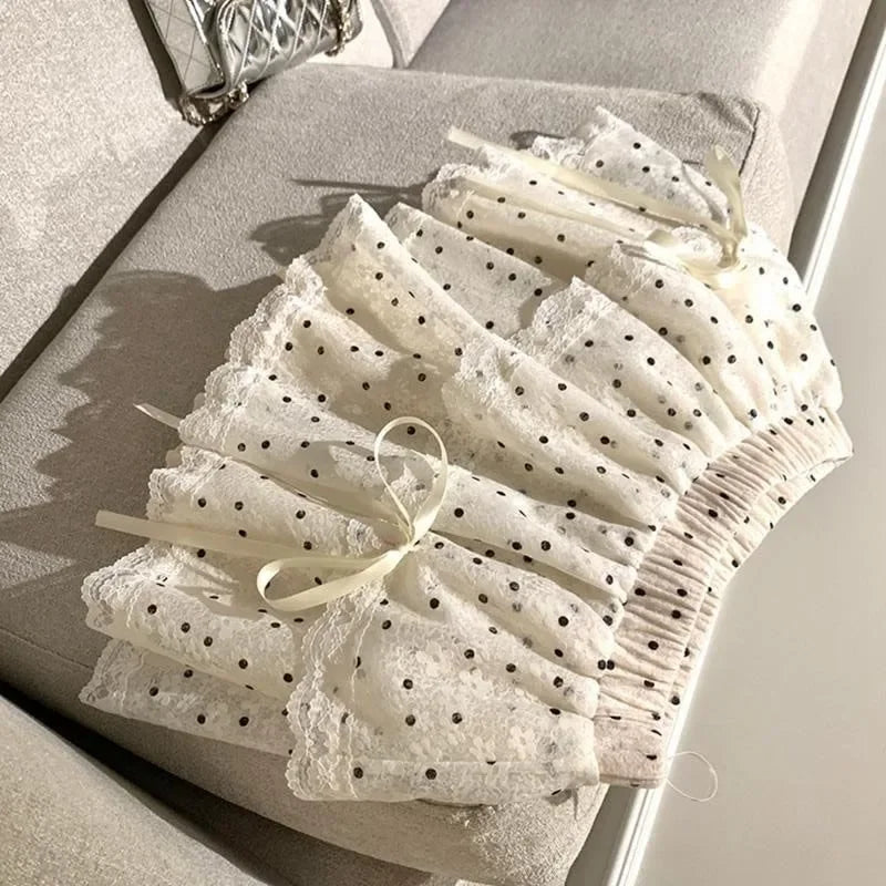 Korean Sweet Dot Lace Bow Mini Skirt Y2k Harajuku A-line Skirt Girl Elastic High Waist Cake Skirts