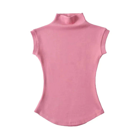 y2k Crop Tops Vest Solid Color Mock Neck Sleeveless Stretchy T Shirts 2000s Aesthetic Clothing Streetwear