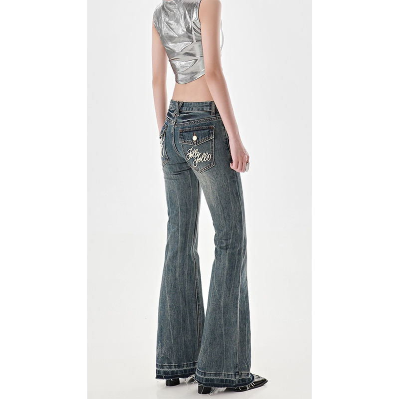 American High Street Spicy Girls Low Waist Jeans Vintage Y2k Design Sense Slim Fit Straight Tube Micro Flare Pants