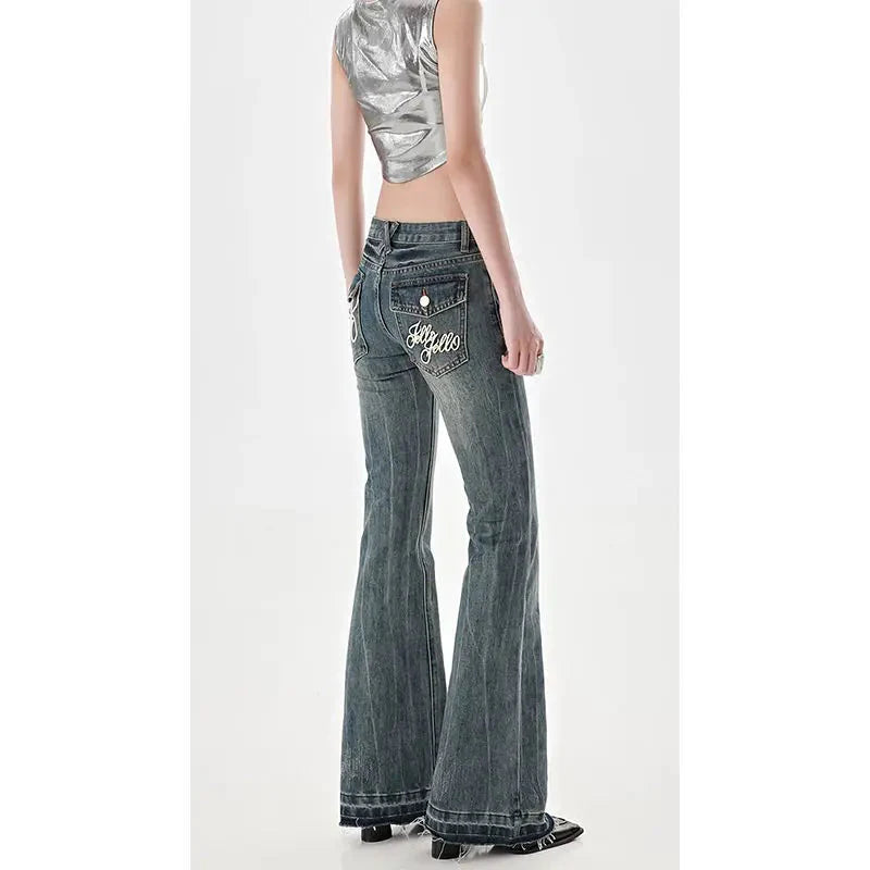 American High Street Spicy Girls Low Waist Jeans Vintage Y2k Design Sense Slim Fit Straight Tube Micro Flare Pants
