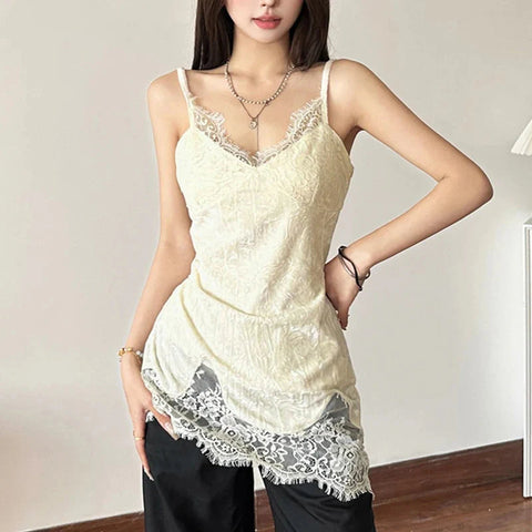 Lace Patchwork V-Neck Camis Y2K Spaghetti Straps Sleeveless Tank Korean Irregular FeVest