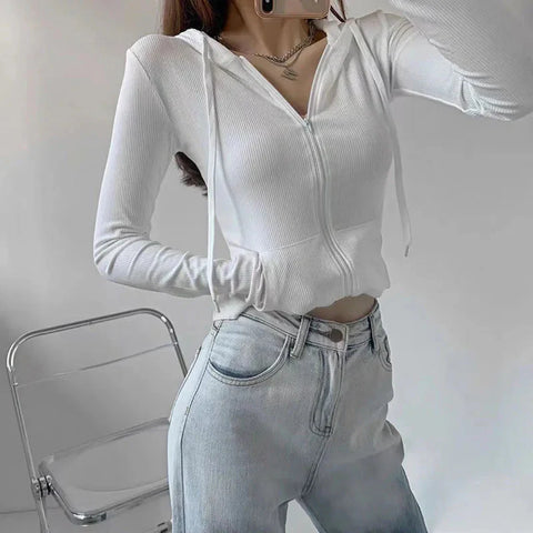 Fall Crop Hooded Cardigan Y2K Korean Slim Solid Zipper Long Sleeve Coats Harajuku Streetwear Sports Cardigan Tops