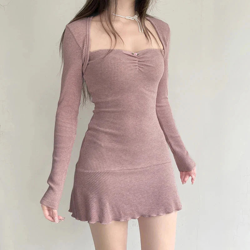 Cute Coquette Pink A-line Mini Dress Fairycore Sweet Full Sleeve Square Collar Short Dresses for y2k