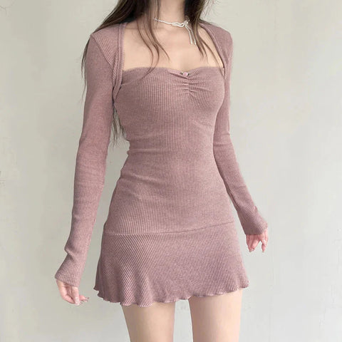 Cute Coquette Pink A-line Mini Dress Fairycore Sweet Full Sleeve Square Collar Short Dresses for y2k
