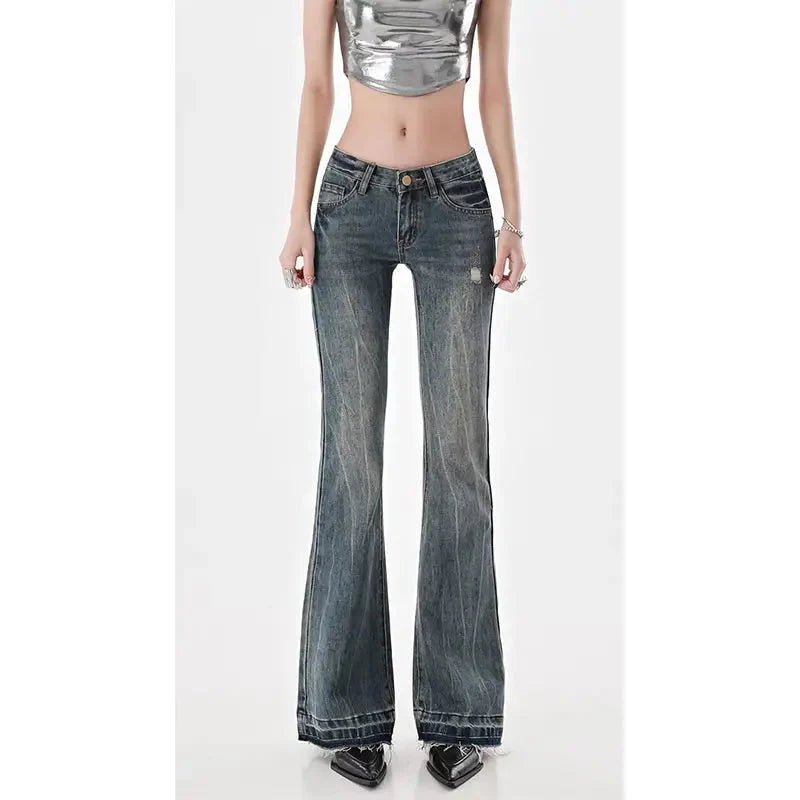 American High Street Spicy Girls Low Waist Jeans Vintage Y2k Design Sense Slim Fit Straight Tube Micro Flare Pants