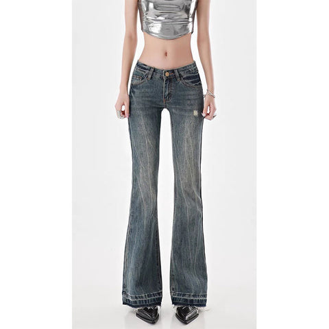American High Street Spicy Girls Low Waist Jeans Vintage Y2k Design Sense Slim Fit Straight Tube Micro Flare Pants