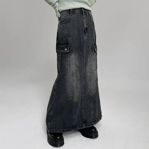 Voguable Vintage Pocket Split Washed Denim Maxi Skirt High Waist Y2K Streetwear Long Skirts Harajuku Korean Fairy Grunge