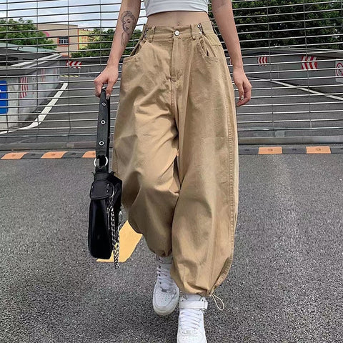 Voguable  Khaki Oversized Cargo Baggy Pants Y2K Hip Hop Style Loosed  Adjustable Waist Drawstring Long Pant Streetwear 90s Style Clothes