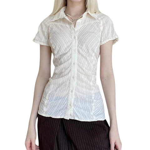 y2k Shirts Coquette Clothes Striped Lapel Collar Single Breasted Short Sleeve Blouse 2000s Clothing Streetwear