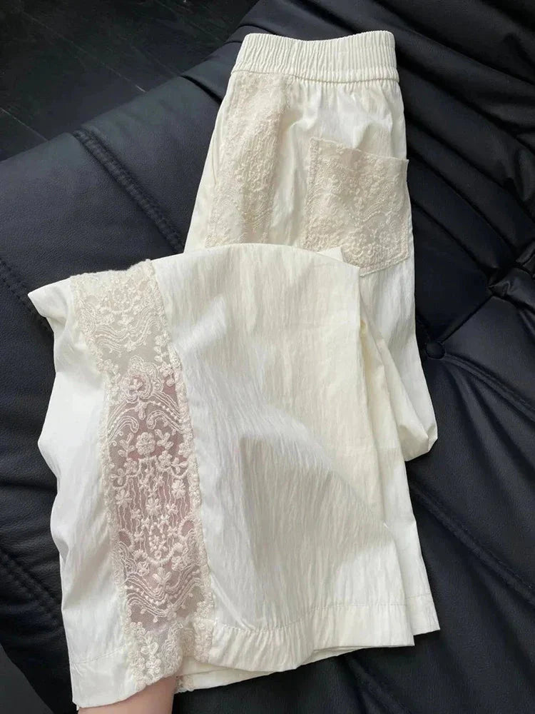 Sweet Lace Patchwork White Pants Y2K High Waist Preppy Thin Wide Leg Pants Korean Chic Loose Jogging Quick Drying Trousers New