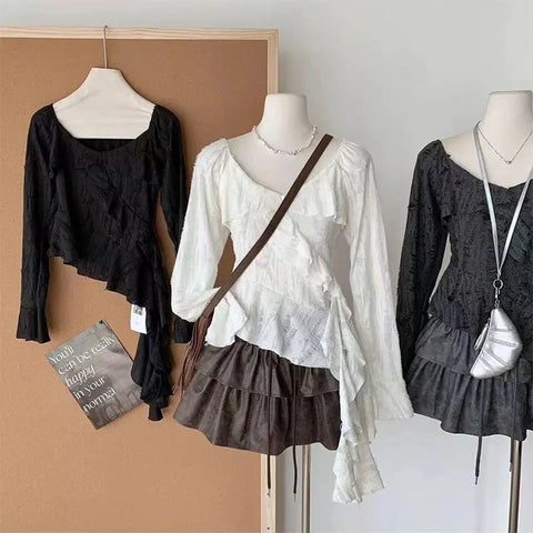 Irregular Patchwork T Shirts Y2K Gothic Ruffled Sleeve FeTops Streetwear Hollow Out Hole Casual Tees New