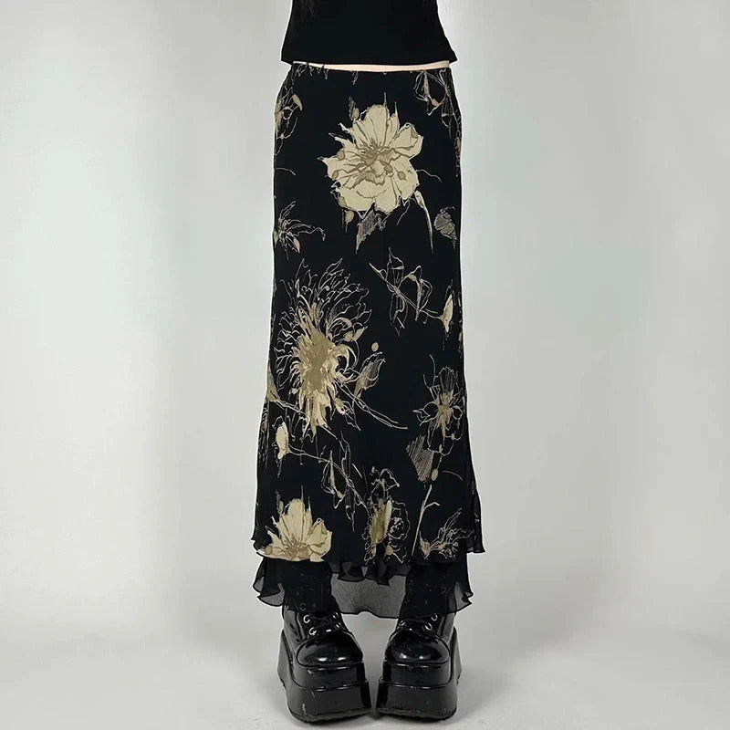Vintage Floral Print Low Rise Long Skirt Streetwear 90s Slim-fitting Skirts Harajuku y2k Aesthetic Ladies Bottoms