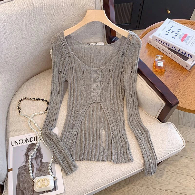 Hollow Out Knitted Cardigan Y2K Korean Streetwear Hole Long Sleeve Sweaters Thin Irregular FeTops
