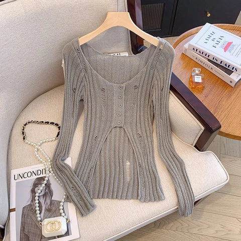 Hollow Out Knitted Cardigan Y2K Korean Streetwear Hole Long Sleeve Sweaters Thin Irregular FeTops