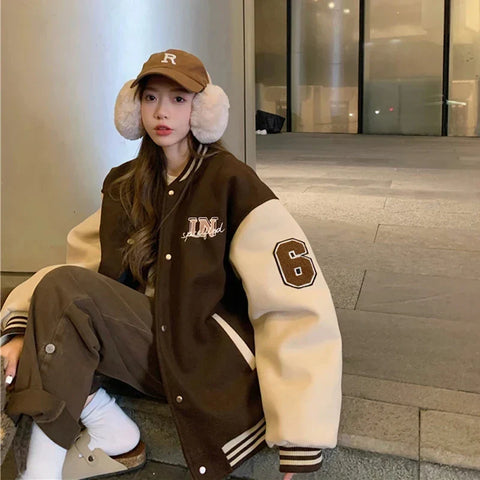 Y2k Varsity Bomber Jacket Red Brown Korean Winter Coat Vintage Baseball Jackets Hip Hop Streetwear Outerwear Tide