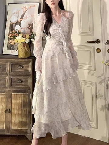 Voguable Y2K Ruffles Irregular Short Dress Tie Dye Flare Sleeves Elegant Party Dress Prom Robe Halter Vestidos