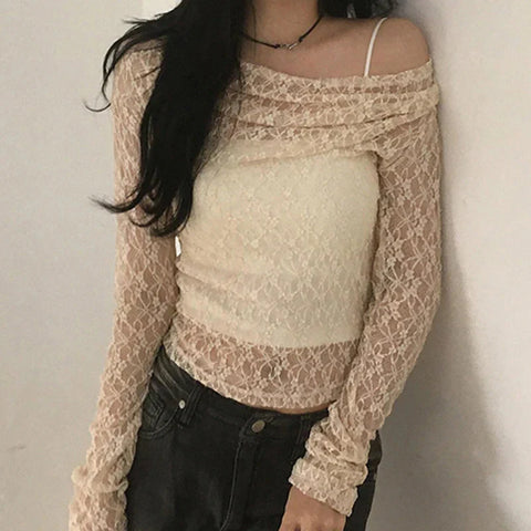 Transparent Lace Crop Top Asymmetrical Off-shoulder Long Sleeve Smock T-shirts Casual Tees y2k Vintage Tees