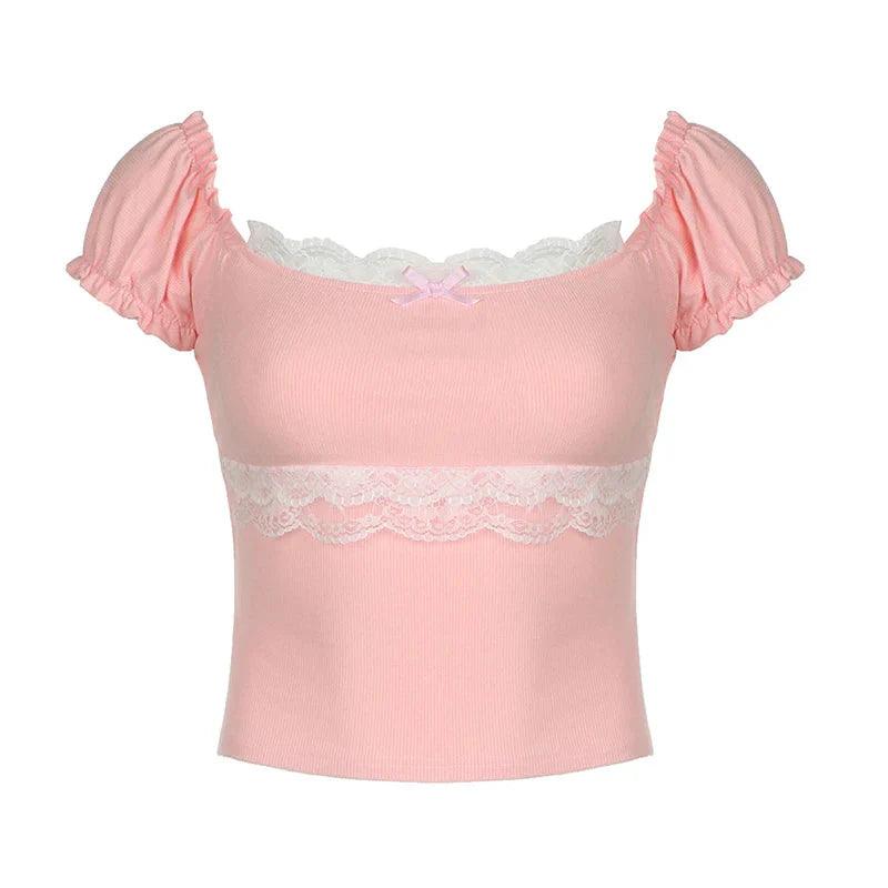 Sweet Coquette Crop Top Lace Patchwork Square Collar Skinny Pink T Shirts Vintage 2000s Puff Sleeve Tees Kawaii y2k