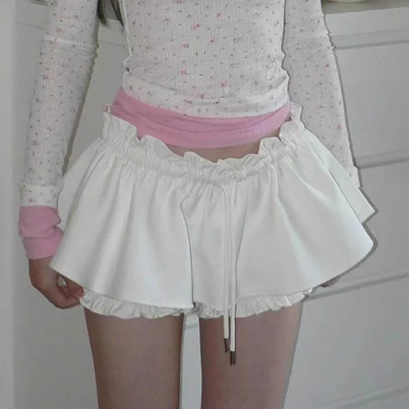 Voguable Japanese Lolita Style A-line Shorts Skirt White Low-waisted Lace-up Tutu Skirts Fairycore Cute Bottoms y2k Kawaii Skirt