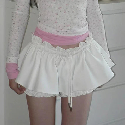 Voguable Japanese Lolita Style A-line Shorts Skirt White Low-waisted Lace-up Tutu Skirts Fairycore Cute Bottoms y2k Kawaii Skirt