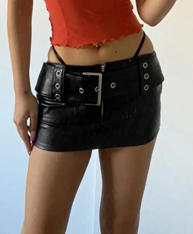 Voguable Vintage Leather Skirts Belt Y2K Low Waist Mini Skirt Streetwear PU Straight Skirt 90s Punk Summer