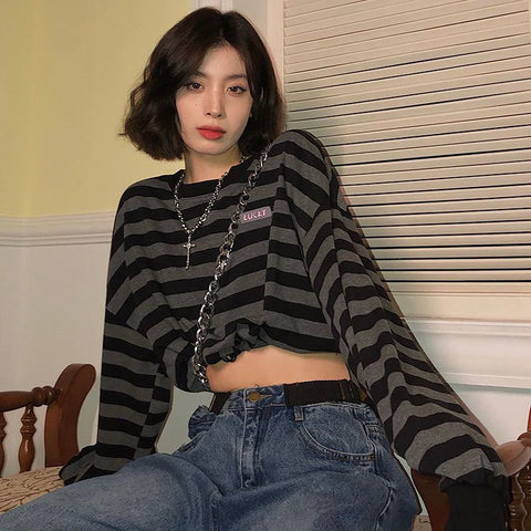 Voguable Cropped Y2K Striped Sweatshirts Harajuku Gothic Tops Vintage Streetwear Casual Bf Oversize Long Sleeve Pullover