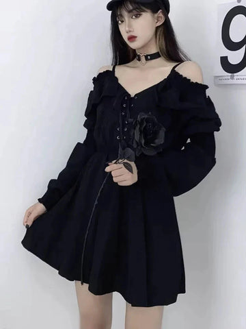 Harajuku Gothic Dress Y2K Off Shoulder Black Bandage Mini Dress Elegant Party Night Vestidos New