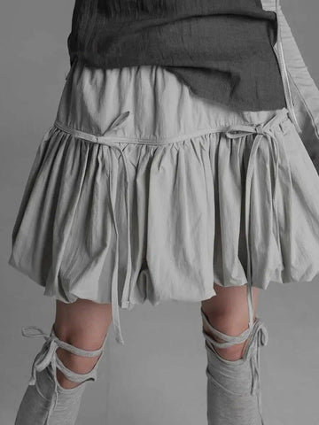 Y2k Bubble Mini Skirt Elastic Waist Ruffle Flare Puffy Skirt High Rise Cute Pleated Lace-up Bow Tie Lantern Short Skirt