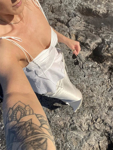 White Smocked Strappy Camisole Sleeveless Ruffle Slim Bra Solid Color Streetwear Y2k Tops Camisole