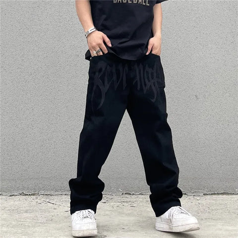 Y2K Black Baggy Jeans Streetwear American Retro Printed Letter Pants Straight Hip-hop Loose Denim Trousers