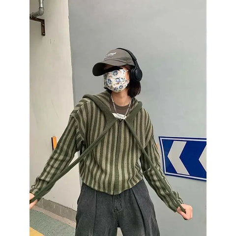 Korean Hooded Loose Harajuku Sweaters Striped Zipper Cardigan Knitted Gothic Y2k Tops Jumper