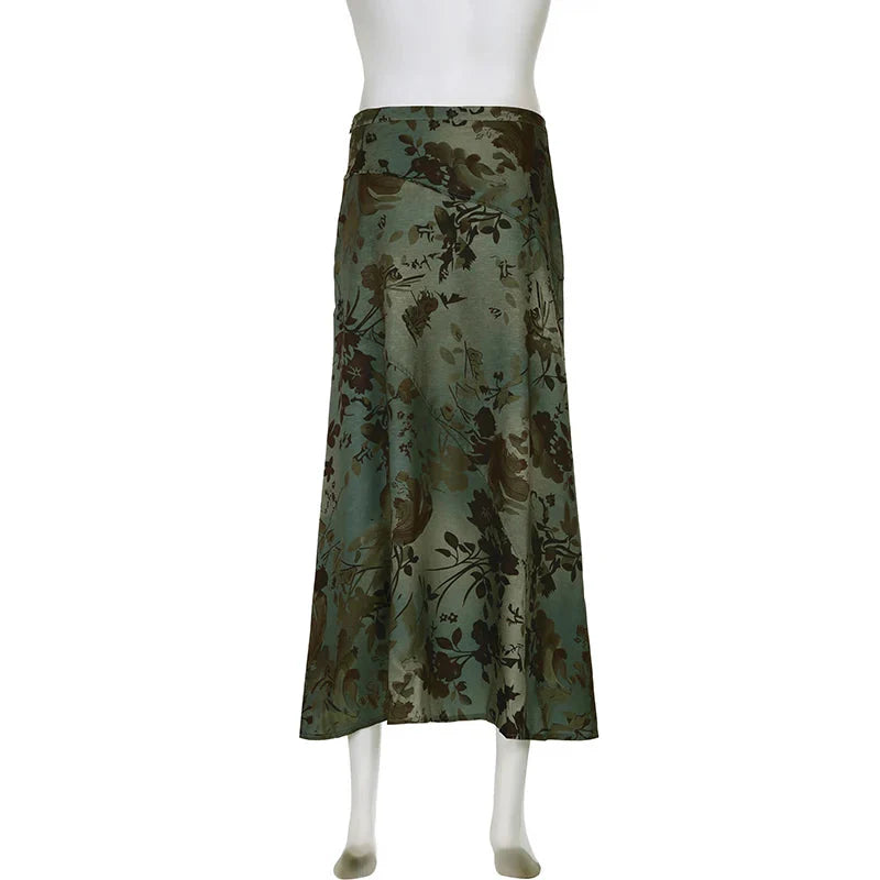 Vintage Print Loose Midi Skirt Retro y2k Low Rise Casual Skirts 2000s Aesthetic Ladies's Bottoms Harajuku Clothing