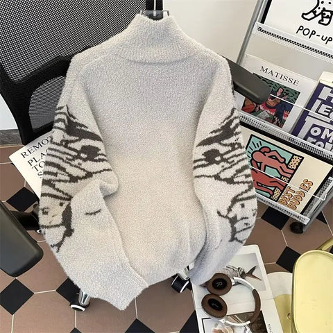 Y2k Harajuku Zipper Cardigan Man Vintage Butterfly Turtleneck American Mink Fur Soft and Lazy Style Sweater Jacket