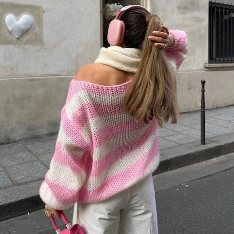 Striped Loose Fit Knitted Pullovers Long Sleeve Knitwear Vintage Grunge Y2K Sweater Preppy Clothes