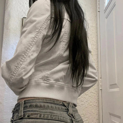 Patchwork Zip-up Cropped Jacket y2k Streetwear Full Sleeve Turtleneck Pockets Coat for Vintage 2000s Clothing Basic