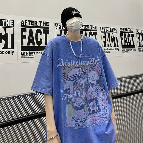 High Street  American Short Sleeve T-shirt Graffiti Loose Washed Trend Y2k Casual Top Tshirt Streetwear Cotton Tees