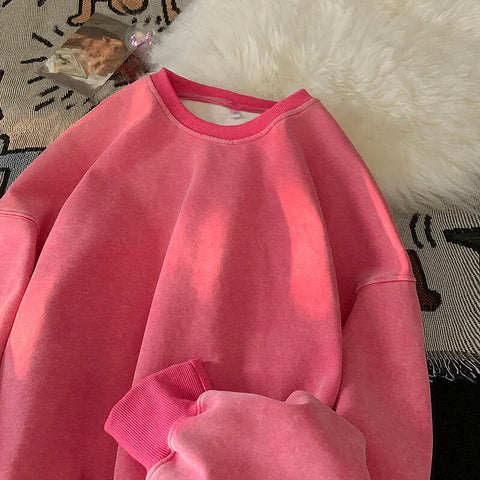 American Washed Old Pullovers Sweatshirts Loose Solid Color Large Size Warm O Neck Tops Hip Hop Y2k Sweatshirt