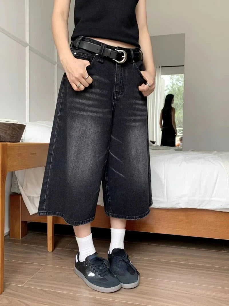 Voguable Y2k Retro Low Rise Jorts Brushed Black Wash Cropped Baggy Jeans Wide Leg Frayed Denim Short Pants Acubi Fashion
