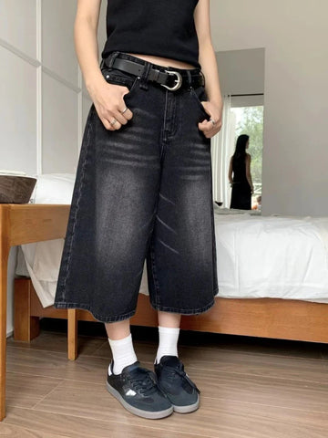 Voguable Y2k Retro Low Rise Jorts Brushed Black Wash Cropped Baggy Jeans Wide Leg Frayed Denim Short Pants Acubi Fashion